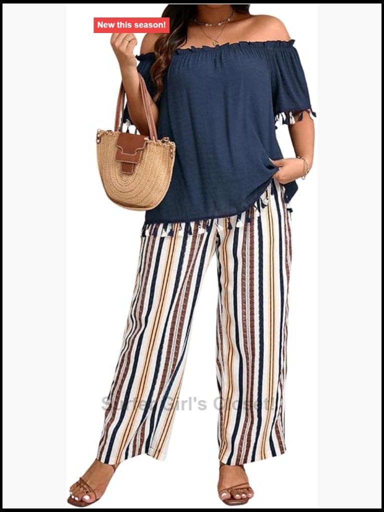 Plus Size 2 Piece Off Shoulder Top & Striped Pants Set